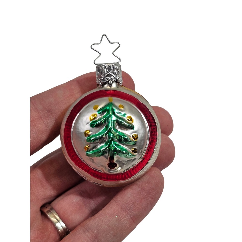 W Germany Vintage Glass Christmas Ornament Tree Village Church Silver Red Small